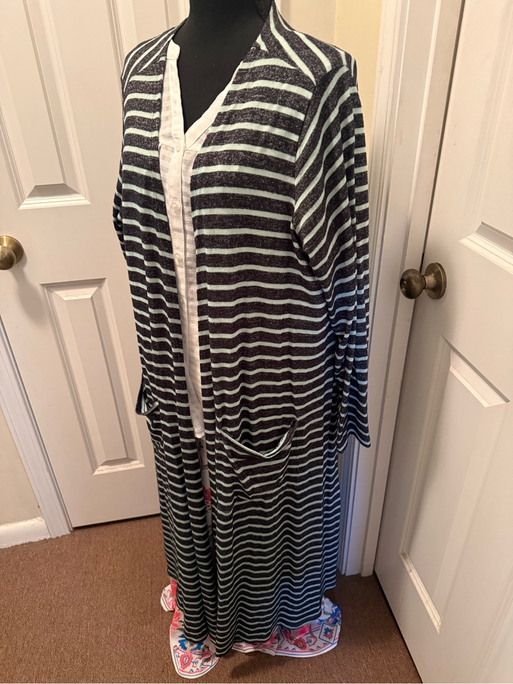 Striped gray and green Pajama Robe - Cozy Long Sleeve
